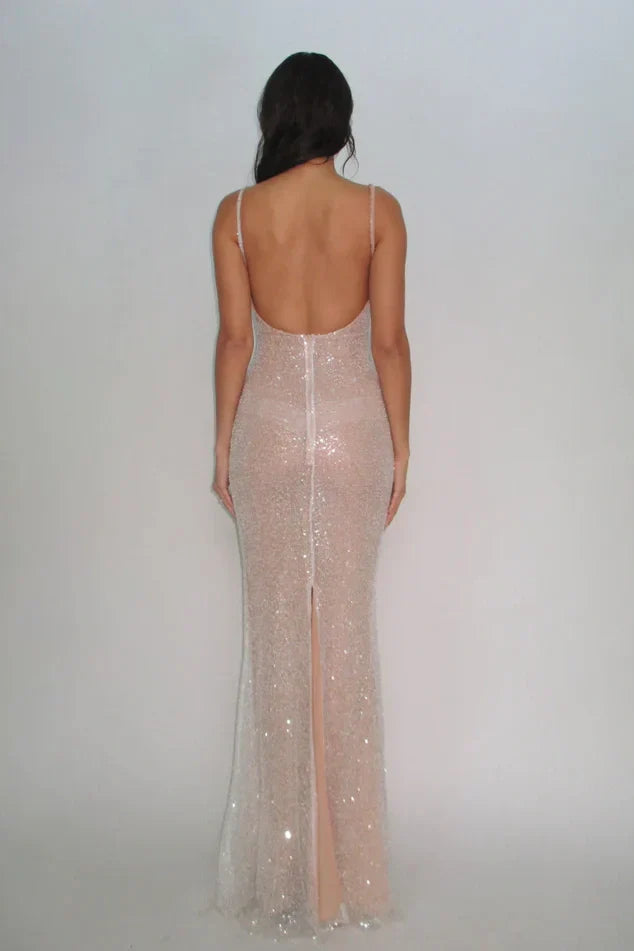 TingPo Wholesale Bling Sheath Spaghetti Straps Silver Sequins Long Party Dress